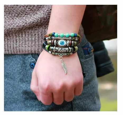University Trendz Blue Evil Eye Leaf Charm Multi Layer Leather Bracelet
